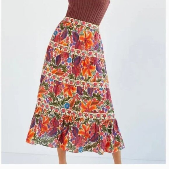 ⭐️ Farm Rio Tiered Floral Hipster Hippie Art Deco Farm Boho Peasant Maxi Skirt - Picture 1 of 5